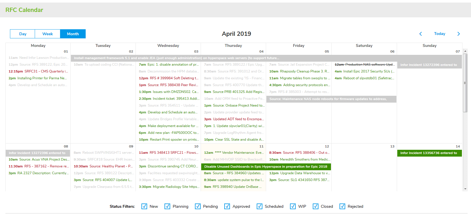 Change Management RFC Calendar