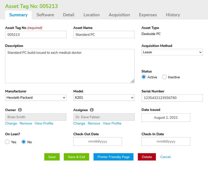 Asset Record Summary